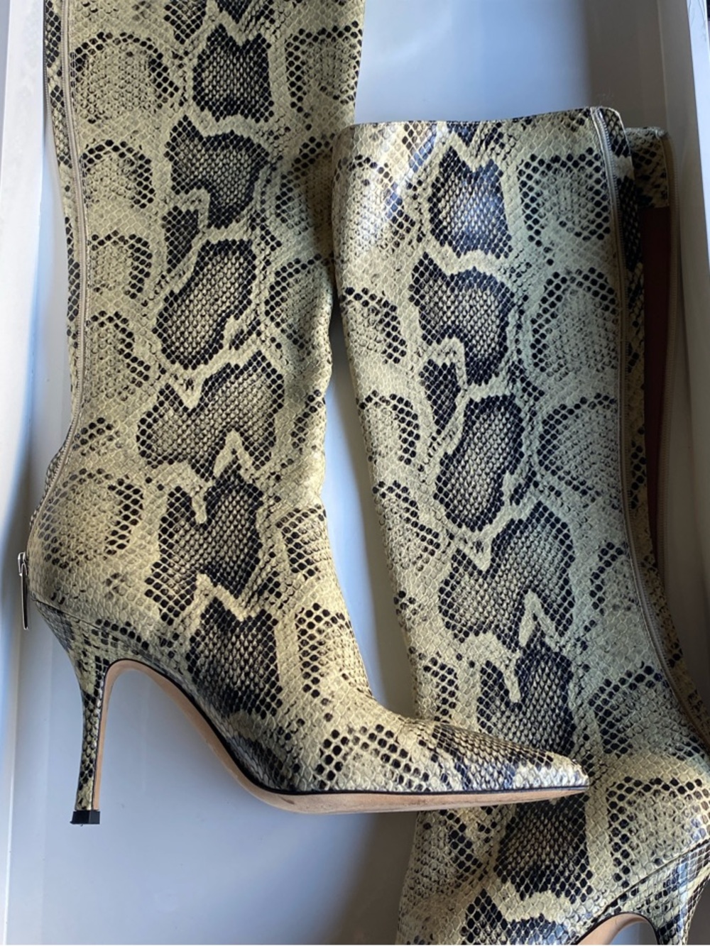 Snake-Print Pointed Toe Stiletto Boots - Yellow/Black